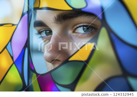 boy through a stained-glass window, generative AI 124332945