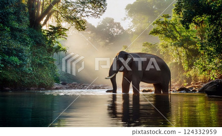 a massive elephant stands at the edge of a crystal-clear river 124332959