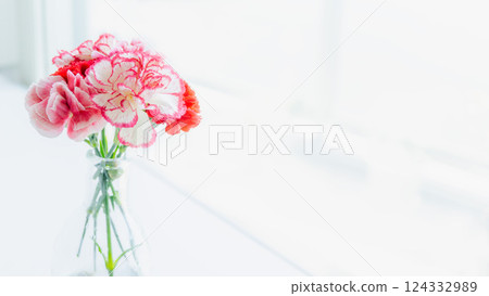 窗邊玻璃瓶中的新鮮康乃馨花束背景圖片母親節圖像素材時尚簡約白色 124332989