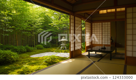 A Japanese garden with seasonal views from a Japanese-style room 124333000
