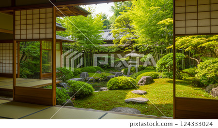 A Japanese garden with seasonal views from a Japanese-style room A Japanese garden with seasonal views from a Japanese-style room 124333024