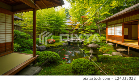 A Japanese garden with seasonal views from a Japanese-style room A Japanese garden with seasonal views from a Japanese-style room 124333028