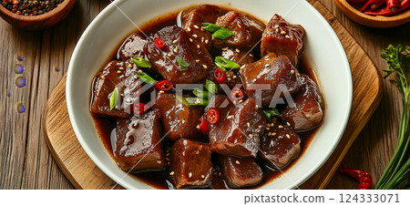 Delicious chinese-style braised beef belly garnished with chilies and green onions 124333071