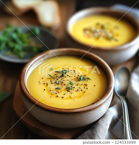 Creamy butternut squash soup garnished with honey and nigella seeds 124333099