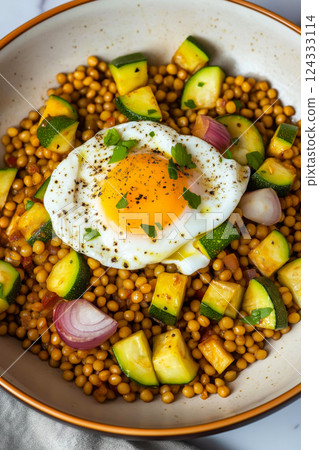 Israeli couscous with zucchini, red onion and poached egg garnished with fresh herbs and black pepper Israeli couscous with zucchini, red onion and poached egg garnished with fresh herbs and black pepper 124333114