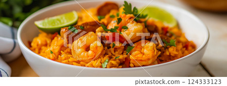Delicious cajun jambalaya with chicken, shrimp, andouille sausage, and rice garnished with parsley and lime 124333123