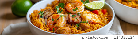 Delicious cajun jambalaya with chicken, shrimp, andouille sausage, and rice garnished with parsley and lime 124333124