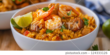Delicious cajun jambalaya with chicken, shrimp, andouille sausage, and rice garnished with parsley and lime Delicious cajun jambalaya with chicken, shrimp, andouille sausage, and rice garnished with parsley and lime 124333126