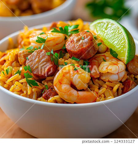 Delicious cajun jambalaya with chicken, shrimp, andouille sausage, and rice garnished with parsley and lime 124333127