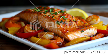 Delicious cajun salmon fillet with sauteed shrimp and peppers Delicious cajun salmon fillet with sauteed shrimp and peppers 124333132