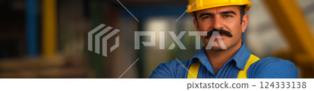 Confident construction worker wearing yellow hard hat and blue uniform crossing arms 124333138