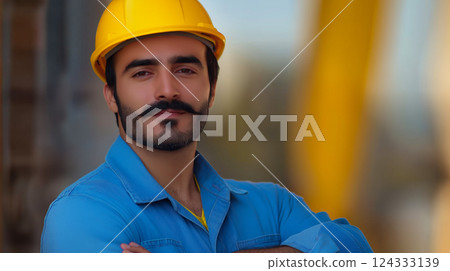 Confident construction worker wearing yellow hard hat and blue uniform crossing arms 124333139