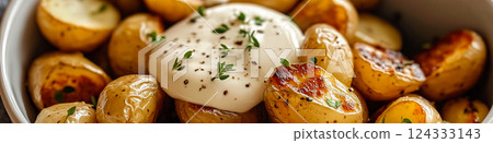 Roasted baby potatoes with creamy garlic sauce and parsley 124333143