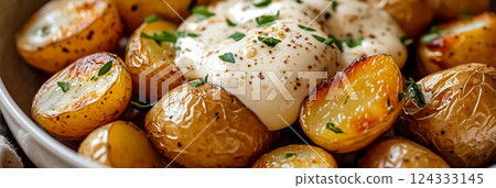 Roasted baby potatoes with creamy garlic sauce and parsley 124333145