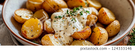 Roasted baby potatoes with creamy garlic sauce and parsley 124333146
