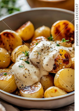 Roasted baby potatoes with creamy garlic sauce and parsley 124333147