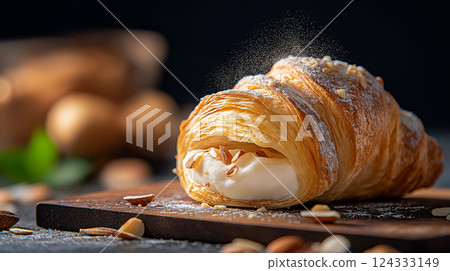 Delicious croissant with pastry cream filling being sprinkled with powdered sugar 124333149