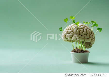 green sprouts sprouted through a human brain in a flowerpot, brain development, mental states 124333150