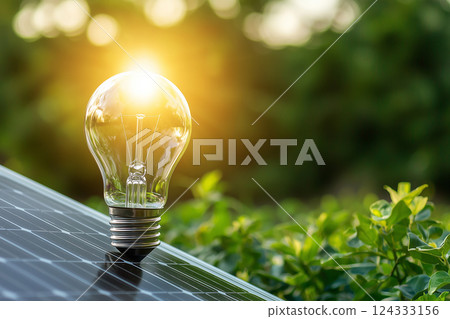 light bulb on solar panel illuminated by sun, green energy, eco-friendly technology and sustainable lifestyle 124333156