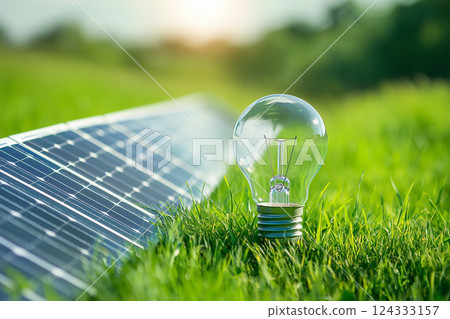 light bulb on green grass next to solar panel, green energy, eco-friendly technology and sustainable lifestyle. 124333157