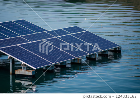 water solar panels in the sea, green energy, eco-friendly technologies and sustainable lifestyle. 124333162