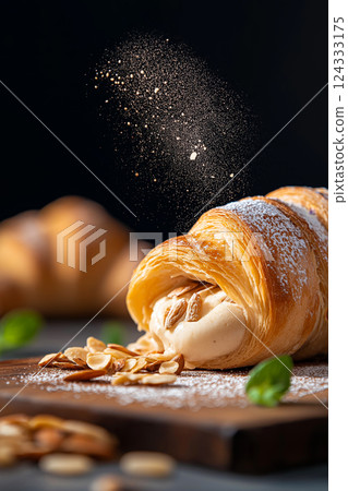 Delicious croissant with pastry cream filling being sprinkled with powdered sugar 124333175