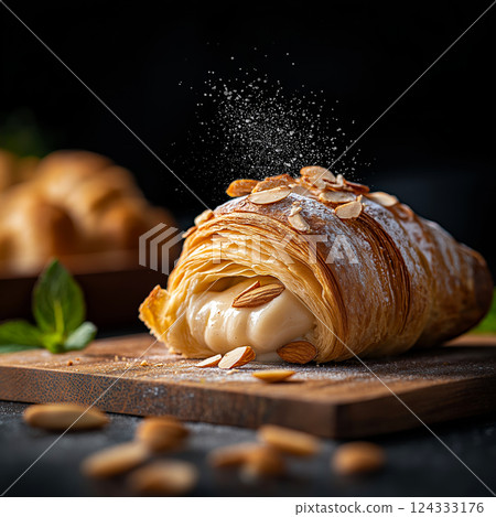Delicious croissant with pastry cream filling being sprinkled with powdered sugar Delicious croissant with pastry cream filling being sprinkled with powdered sugar 124333176