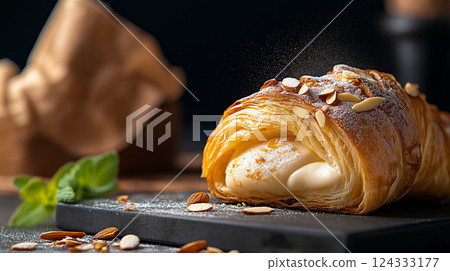 Delicious croissant with pastry cream filling being sprinkled with powdered sugar Delicious croissant with pastry cream filling being sprinkled with powdered sugar 124333177