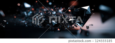 Exploding black crystal shards on dark background 124333185