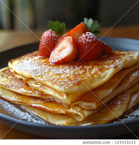 Stack of french toast crepes topped with fresh strawberries, maple syrup and powdered sugar Stack of french toast crepes topped with fresh strawberries, maple syrup and powdered sugar 124333215