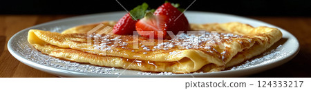 Stack of french toast crepes topped with fresh strawberries, maple syrup and powdered sugar Stack of french toast crepes topped with fresh strawberries, maple syrup and powdered sugar 124333217
