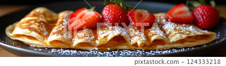 Stack of french toast crepes topped with fresh strawberries, maple syrup and powdered sugar 124333218