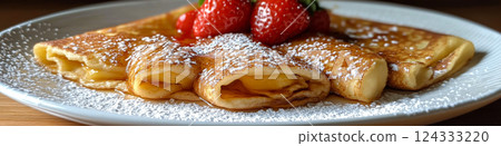Stack of french toast crepes topped with fresh strawberries, maple syrup and powdered sugar 124333220