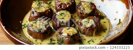 Delicious garlic butter steak bites drenched in creamy parmesan sauce Delicious garlic butter steak bites drenched in creamy parmesan sauce 124333223
