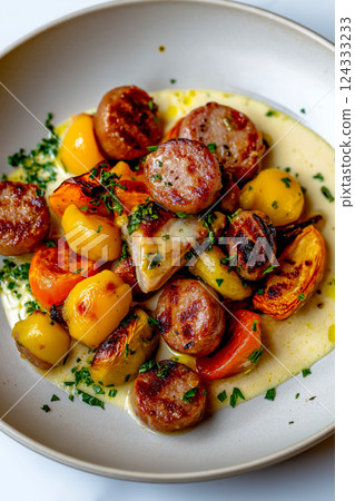 Sizzling sausage medallions with roasted vegetables and creamy sauce Sizzling sausage medallions with roasted vegetables and creamy sauce 124333233