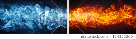 Ice and fire split background showing opposite concepts Ice and fire split background showing opposite concepts 124333260
