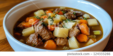 Irish stew with beef, potatoes and carrots cooking in bowl 124333266