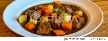 Irish stew with beef, potatoes and carrots cooking in bowl Irish stew with beef, potatoes and carrots cooking in bowl 124333267