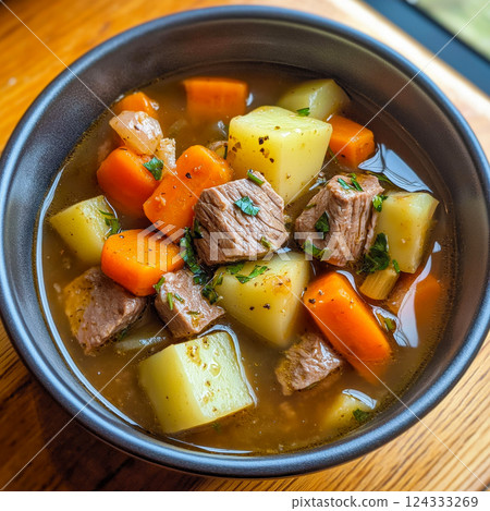 Irish stew with beef, potatoes and carrots cooking in bowl Irish stew with beef, potatoes and carrots cooking in bowl 124333269