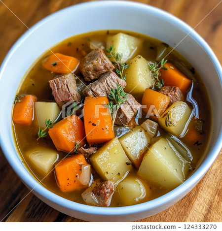 Irish stew with beef, potatoes and carrots cooking in bowl Irish stew with beef, potatoes and carrots cooking in bowl 124333270