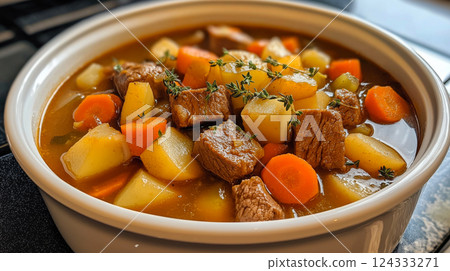Irish stew with beef, potatoes and carrots cooking in bowl 124333271