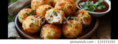 Delicious jalapeno popper cheese balls with bacon and sauce Delicious jalapeno popper cheese balls with bacon and sauce 124333293