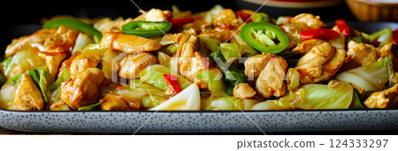 Chicken and cabbage stir fry with jalapeno peppers and sesame seeds 124333297