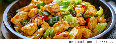 Chicken and cabbage stir fry with jalapeno peppers and sesame seeds Chicken and cabbage stir fry with jalapeno peppers and sesame seeds 124333299