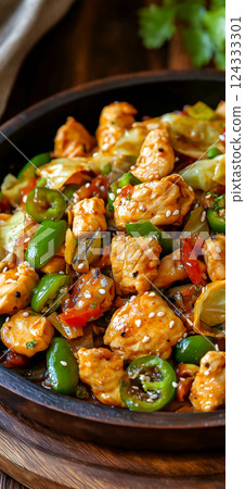 Chicken and cabbage stir fry with jalapeno peppers and sesame seeds Chicken and cabbage stir fry with jalapeno peppers and sesame seeds 124333301