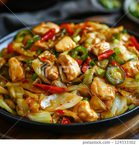 Chicken and cabbage stir fry with jalapeno peppers and sesame seeds Chicken and cabbage stir fry with jalapeno peppers and sesame seeds 124333302