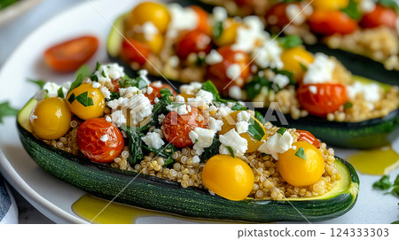 Keto mediterranean diet: zucchini boats filled with quinoa, tomatoes and feta 124333303