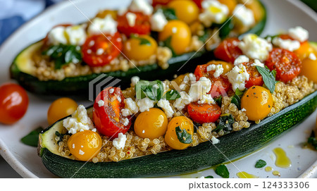 Keto mediterranean diet: zucchini boats filled with quinoa, tomatoes and feta 124333306