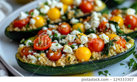 Keto mediterranean diet: zucchini boats filled with quinoa, tomatoes and feta 124333307