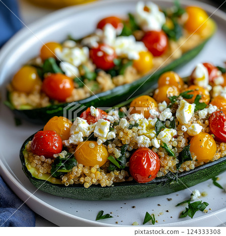 Keto mediterranean diet: zucchini boats filled with quinoa, tomatoes and feta Keto mediterranean diet: zucchini boats filled with quinoa, tomatoes and feta 124333308